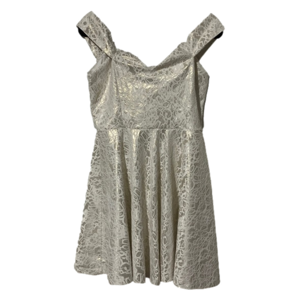 Trac off the shoulder gold dress with white lace